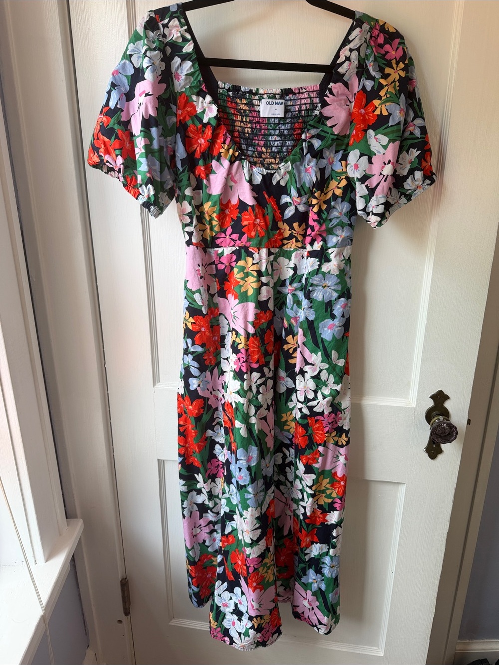 Old Navy Black Floral Midi Dress with Red, Pink, Green & White